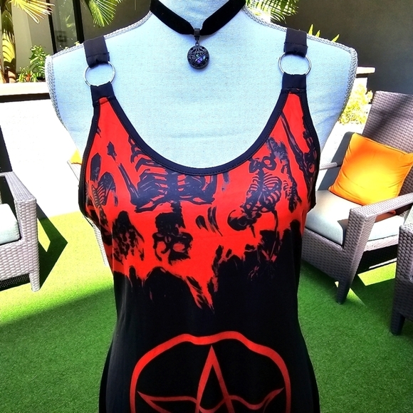 Witchy Gothic ✦ Skull & Pentacle Print A-Line Dress ✦ O-Ring Straps ✦ Red/Black - Picture 5 of 17